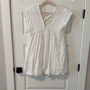TALULAH White Textured V‑Neck Mini Dress with Crisscross Back